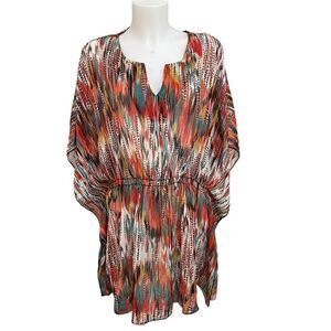 SUSAN LAWRENCE WOMAN Ikat Multicolored print Chiffon Coverup Top sz 2X